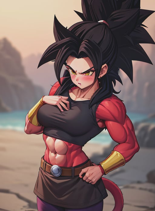 best quality, (masterpiece),(ultra-detailed), (high quality), (high resolution), <lora:ssj4:0.5>,abs, blush, body fur, jewelry, long hair, monkey tail, muscular, pectorals, (red fur:1.5), solo, spiked hair, ssj4, super saiyan, tail,   baggy pants,  <lora:kale-nvwls-v1:0.4> ,ponytail, black hair, 1girl, yellow eyes, skirt, shirt, crop top, belt, 