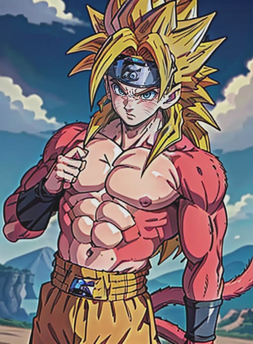 best quality, (masterpiece),(ultra-detailed), (high quality), (high resolution), <lora:ssj4:0.7>,abs, blush, body fur, jewelry, long hair, monkey tail, muscular, pectorals, red fur, solo, spiked hair, ssj4, super saiyan, tail, uzumaki naruto, <lora:Naruto:0.4>,blue eyes, blonde hair, <lora:add_detail:0.5>,outdoors, 