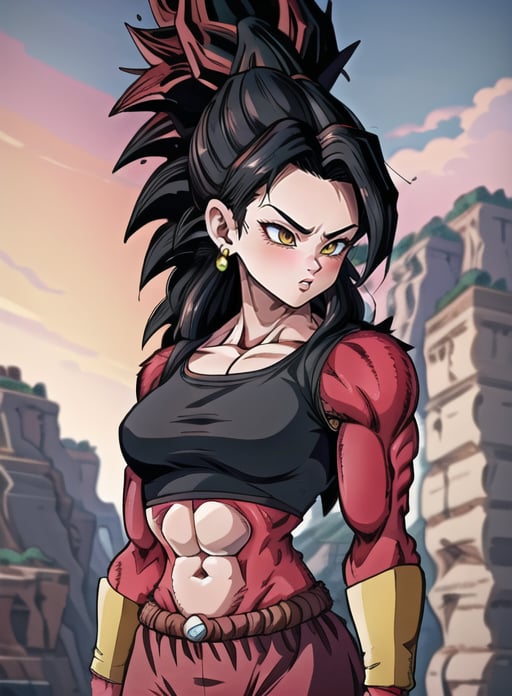 best quality, (masterpiece),(ultra-detailed), (high quality), (high resolution), <lora:ssj4:0.7>,abs, blush, body fur, jewelry, long hair, monkey tail, muscular, pectorals, (red fur:1.5), solo, spiked hair, ssj4, super saiyan, tail, baggy pants, <lora:kale-nvwls-v1:0.7> ,ponytail, black hair, 1girl, yellow eyes, crop top, <lora:add_detail:0.5>,outdoors, 