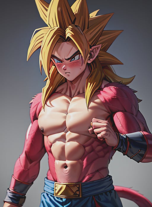 best quality, (masterpiece),(ultra-detailed), (high quality), (high resolution), <lora:ssj4:0.6>,abs, blush, (body fur:1.3), jewelry, long hair, monkey tail, muscular, pectorals, (red fur), solo, spiked hair, ssj4, super saiyan, tail,   <lora:link_offset:0.5> ,link,blonde hair, blue eyes, sword, pointy ears, 