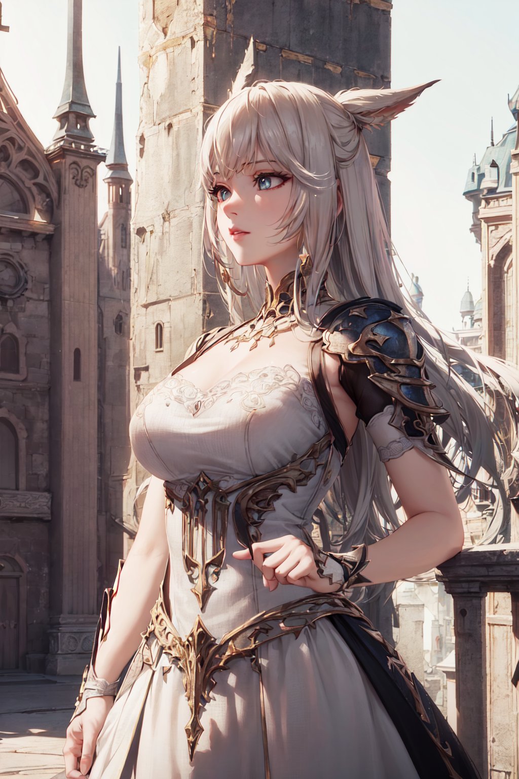 (masterpiece:1.6, best quality), (finely detailed beautiful eyes: 1.2), (extremely detailed CG unity 8k wallpaper, masterpiece, ultra-detailed, best shadow), (detailed background), (beautiful detailed face, beautiful detailed eyes), High contrast, (best illumination, an extremely delicate and beautiful), (light and shadow:1.2), (colorful light), ((ray tracing ambient occulusion)), (post processing:1.3), (cgi art:1.3), (realistic:1.2),High detailed, dynamic pose, princess dress, fantasy theme, fantasy building, castle, beautiful panorama, outside, ,ff14bg, expressionless, scenery, elegant pose, wide shoots,