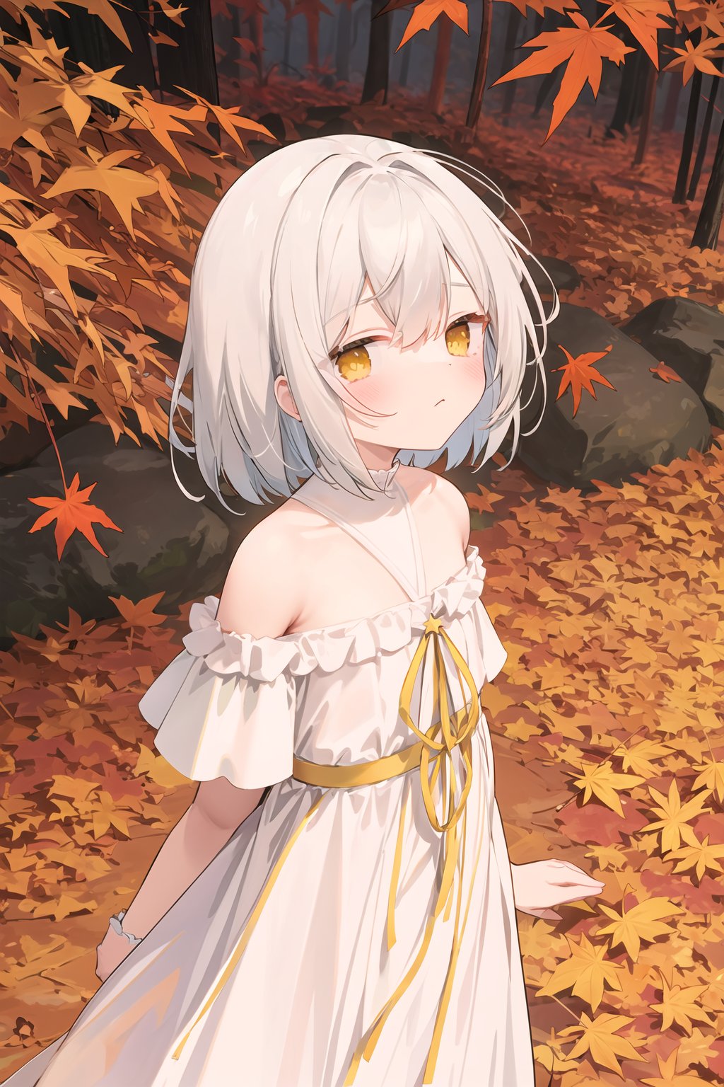  wallpaper,colorful,Tyndall effect,(autumn maple forest:1.3),(very few fallen leaves),(path),stars,flower sea,starry sky,flowers meadows,Dreamy forest,strong rim light, 1girl, bare shoulders, white hair, blinking, white dress, closed mouth, constel lation, yellow eyes, flat color, braid, blinking, white robe, float, closed mouth, constel lation, flat color, looking up, standing, medium hair, standing, solo, , 4349