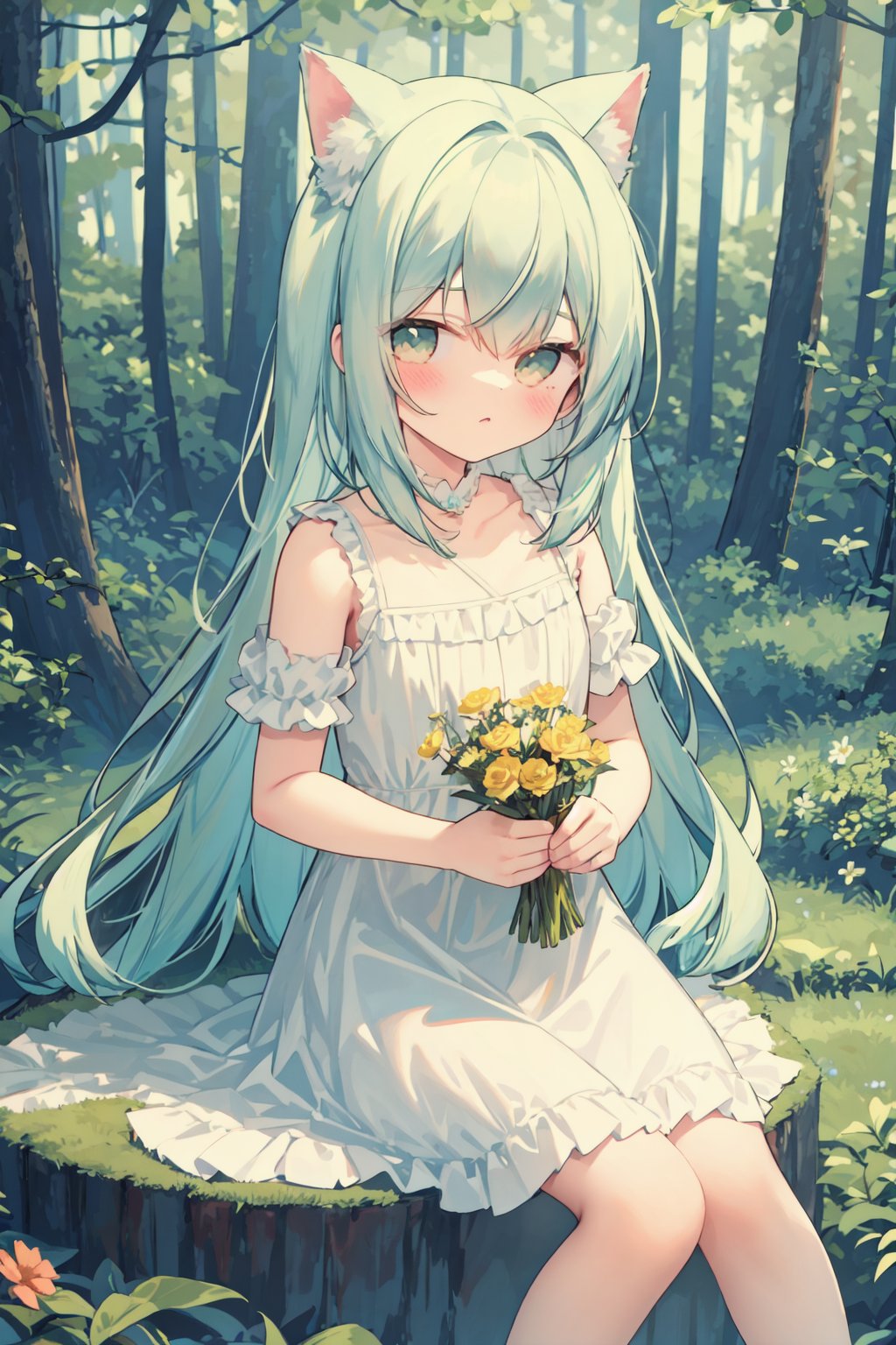 masterpiece,best quality,ï¼ 1girl, sitting on grass, flowers, holding flowers, warm lighting, white dress, blurry foreground, (forest:1.5)