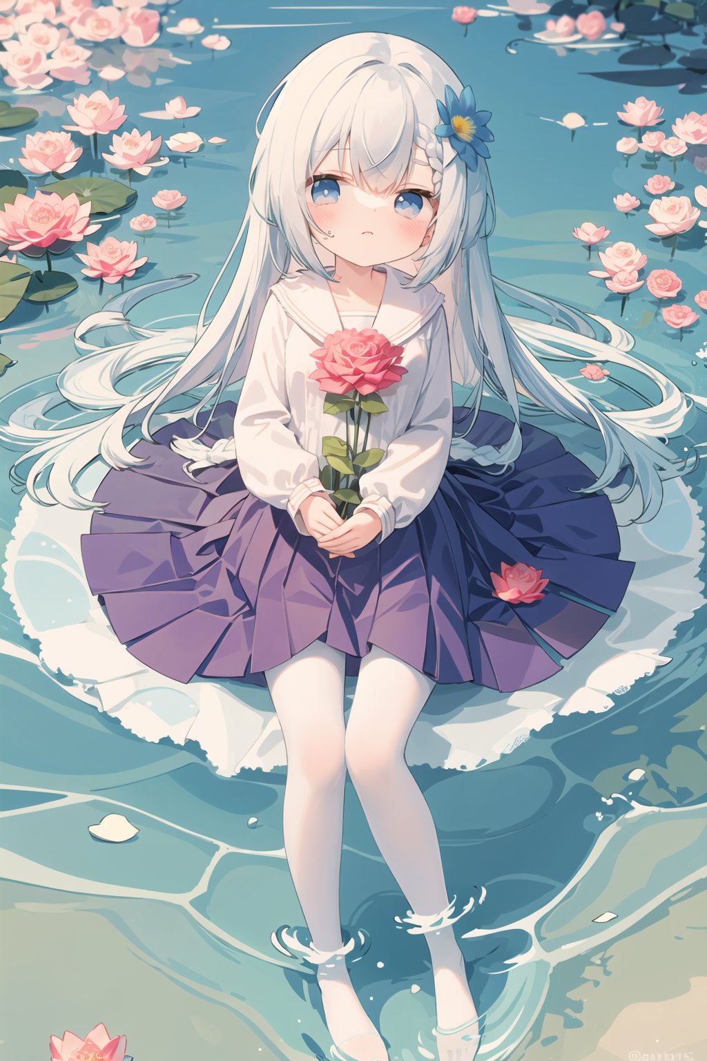  loli,petite,long hair,floating hair,messy hair,1girl,white hair, white jacket,afloat, air bubble, bathtub, beach, berry, blue eyes, blue flower, bouquet, bow, braid, bubble, camellia, caustics, clover, coral, daisy, floral background, flower, food, fruit, hibiscus, horizon, hydrangea, in water, leaf, lily \(flower\), lily of the valley, lily pad, long sleeves, looking at viewer, lotus, ocean, partially submerged, petals on liquid, pink flower,purple flower, rain, red flower, ripples, rose, sailor collar, shallow water, snowflakes, soaking feet, solo, submerged,waves, white rose, yellow flower,
, white pantyhose