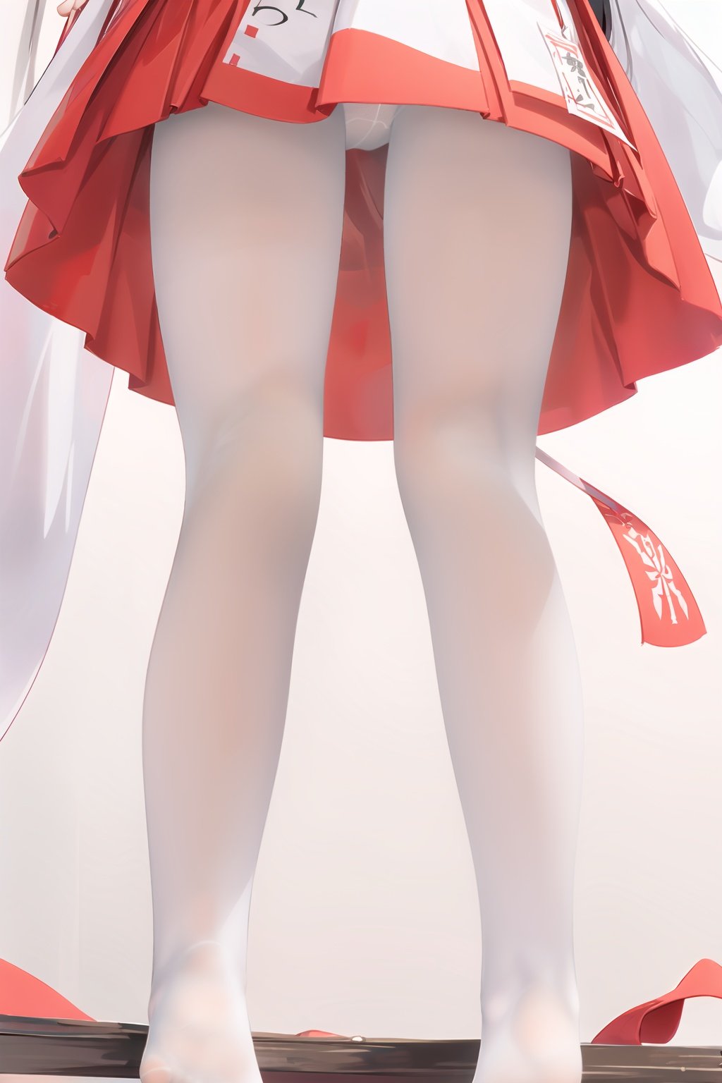  shion_(mirudakemann),Fkey, from below, {{{lower body}}},year_2023,1girl, miko, tabi, legs apart, ofuda on pussy, skirt,((white pantyhose)),no shoes,loli