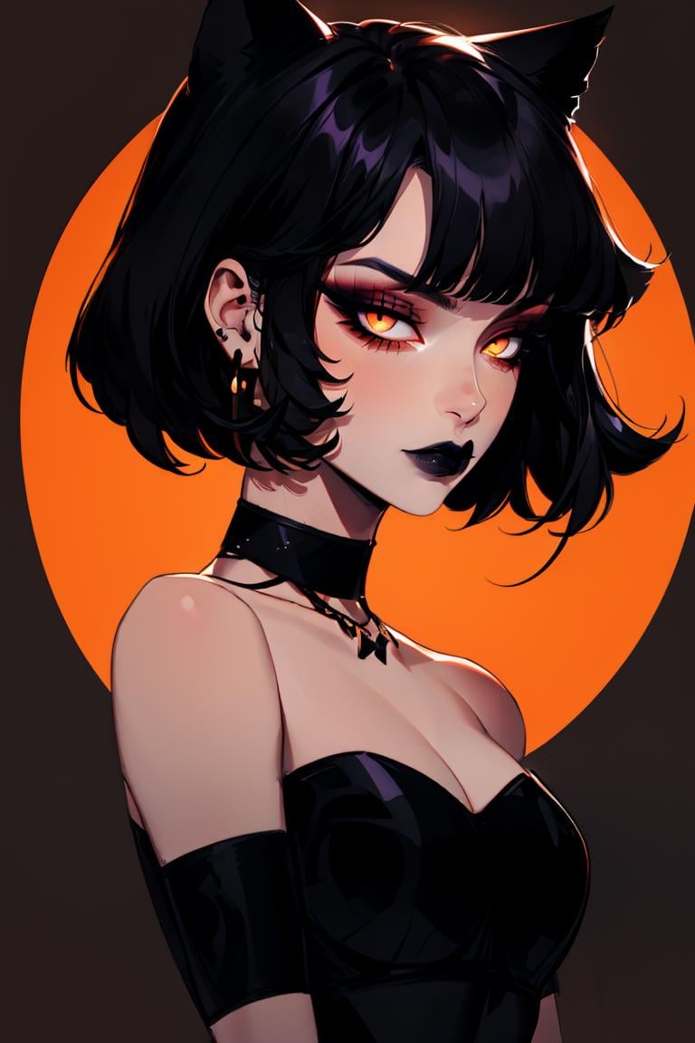 <lora:Minimalistic_Style:0.8>,  absurdres, upper body, black background,1girl, solo, looking at viewer, short hair, black hair,  crop top, cat ears, busty, animal ears, sleeveless, strapless, orange eyes, upper body, makeup, choker,  lipstick, eyeshadow, orange background, black lips