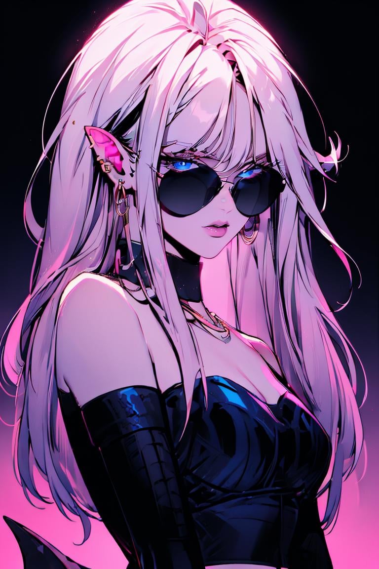 <lora:Minimalistic_Style:1>, black background,  pink background, ((masterpiece,best quality)), absurdres, upper body, sunglasses, detailed full lips, bbandro, white hair, long hair, messy hair, pointy ears, hoop earrings, blue eyes, pink skin, tail, medium breasts, bare shoulders, strapless, detached sleeves, bracelet, midriff,  dragon ball, <lora:android_21_v1:0.9>,