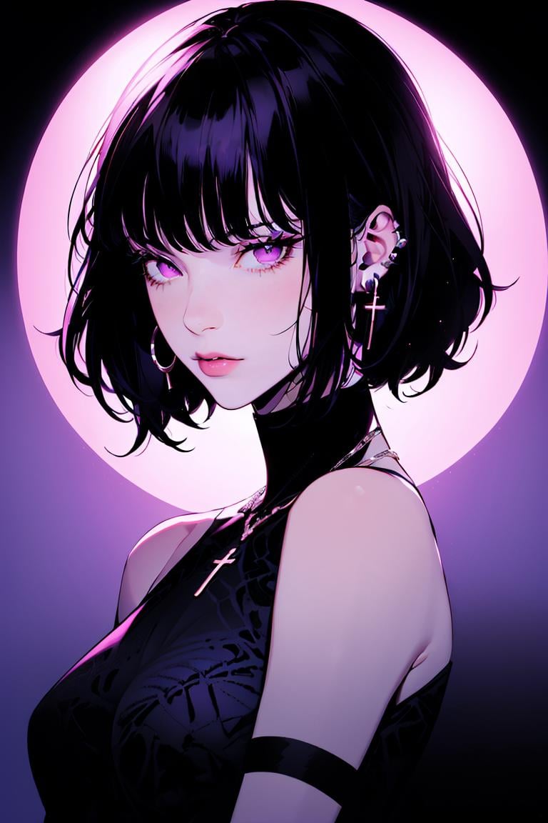 <lora:Minimalistic_Style:0.8>, ((masterpiece,best quality)), absurdres, upper body, 1girl, solo, looking at viewer, short hair, black hair, bare shoulders, jewelry, closed mouth, purple eyes, upper body, earrings, sleeveless, pink eyes, necklace, lips, (cross earring), black background, hoop earrings, purple moon, 