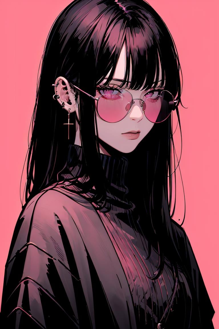 <lora:Minimalistic_Style:0.8>, ((masterpiece,best quality)), absurdres, upper body, 1girl, solo, long hair, looking at viewer, simple background, black hair, jewelry, closed mouth, pink eyes, jacket, upper body, earrings, sweater, black jacket, turtleneck, piercing, sunglasses, ear piercing, pink background, turtleneck sweater, round eyewear, cross earrings, looking over eyewear