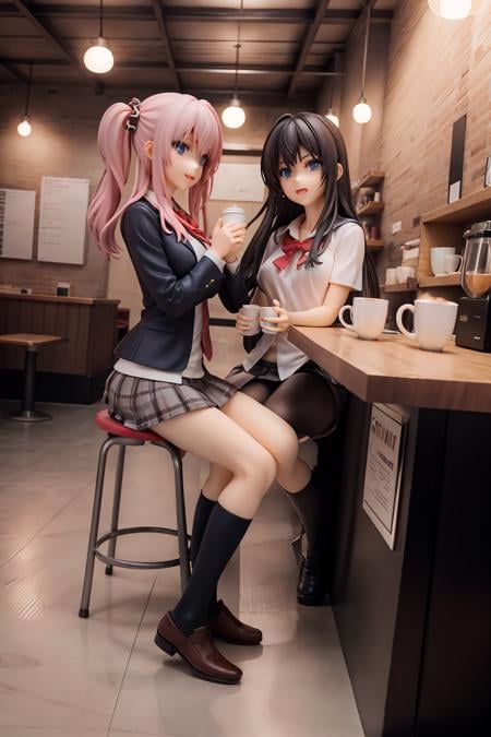 2 girls at coffee shop , school uniform,  joyful talking, anime, sitting