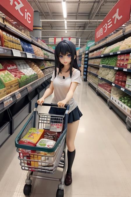 anime, 1girl, London, shopping at super market, hold a large shopping kart, full of groceries