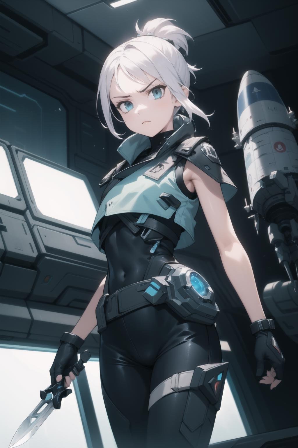 <lora:jett-000017:1> jett \(valorant\), blue cropped jacket, sleeveless, black bodysuit, black pants,1girl, solo, intense, glaring, knife, science fiction, spacecraft interior