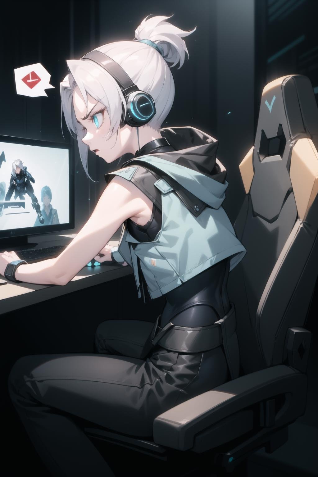 <lora:jett-000017:1> jett \(valorant\), blue cropped jacket, sleeveless, black bodysuit, black pants,1girl, solo, headset, gaming chair, looking at screen, livestream, dark, glowing, angry, spoken anger vein, facepalm, from side