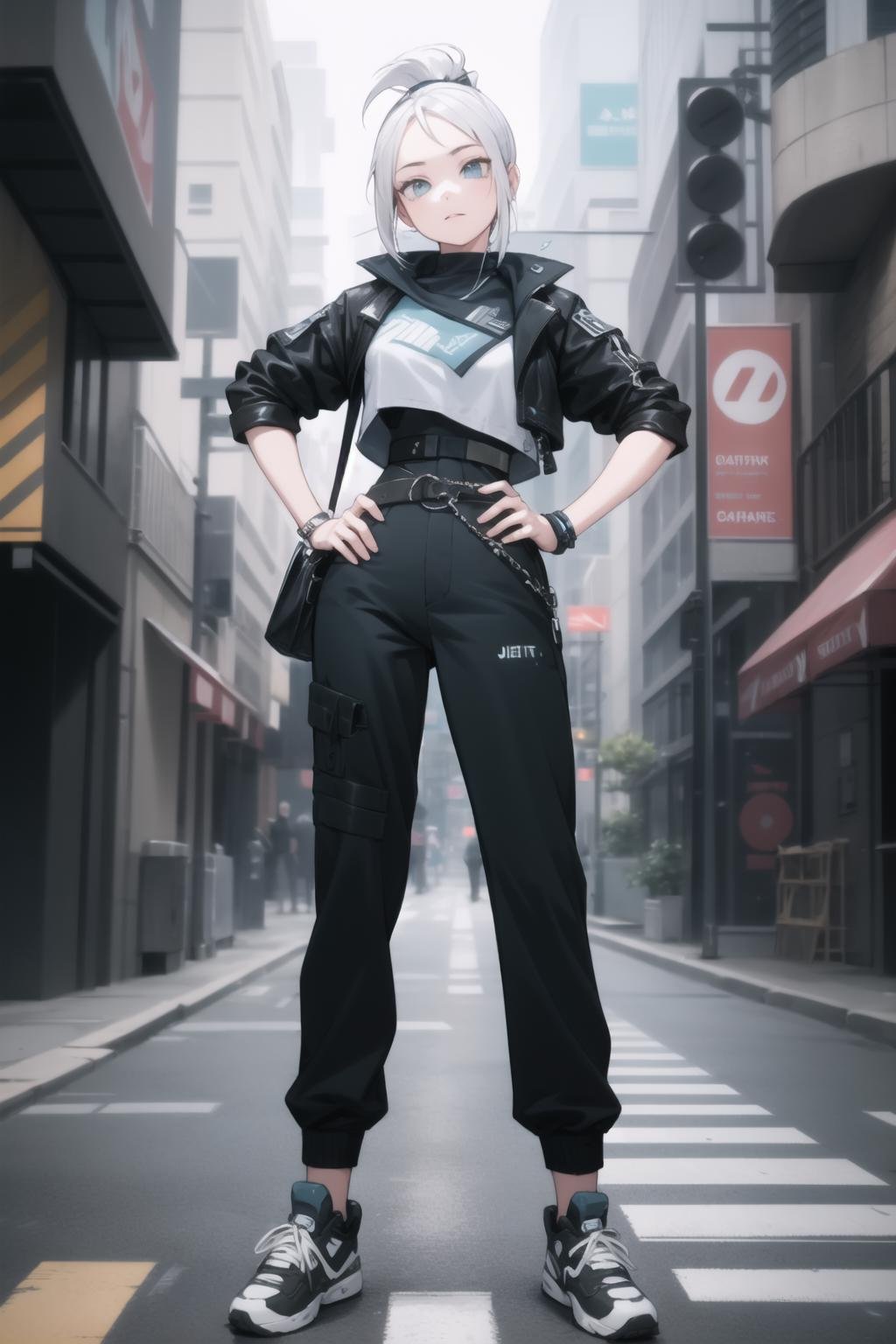 <lora:jett-000017:1> jett \(valorant\), streetwear, fashion,1girl, confident, street, hand on hip