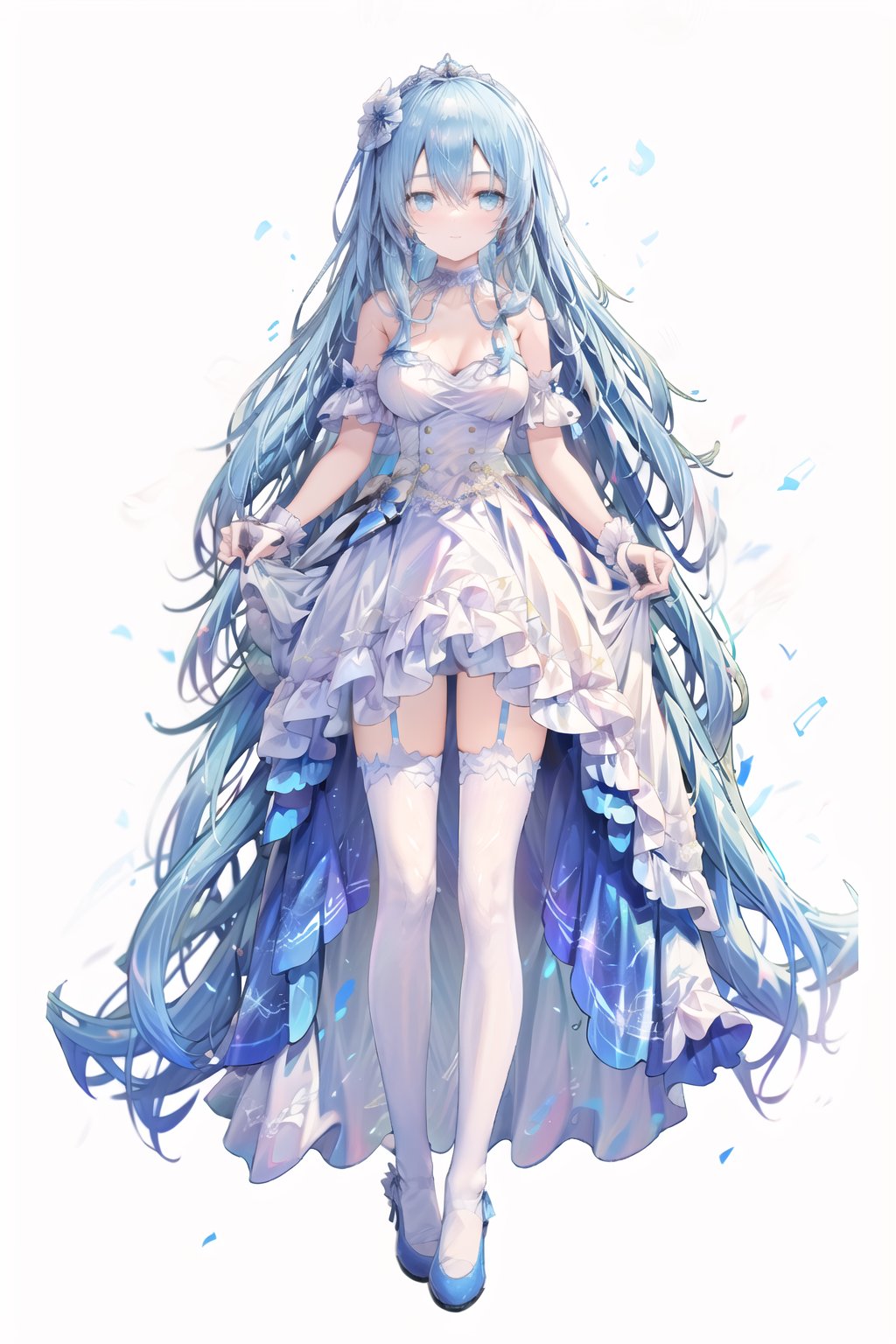  (pure_white background),simple background.
\BREAK\
1girl,solo,saratoga,coolsummertravel,tender sister.detailed face,highly detailed eyes,long hair,highly detailed eyes,earrings,scrunchie,hair between eyes,white legwear,bare shoulders,blue high heels,lolita shoes,jewelry,garter straps,hair ornament,blue neckwear,flower,blue rose;
looking at viewer,smile,(vtuber-fullbody),standing.
saratoga_nsfw,sesetupian.
