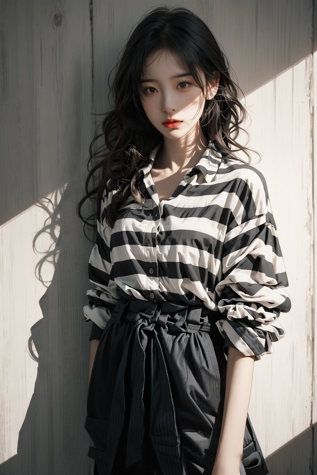  A girl was standing in her Black striped shirt,Wumag