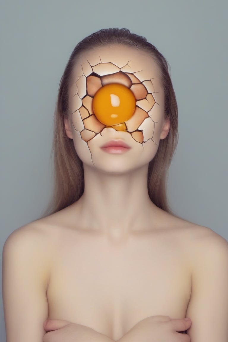 1girl, head crack, face crack, egg yolk, simple background, 