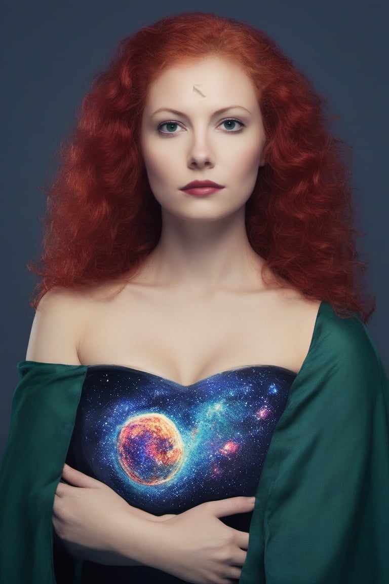 1girl, looking at viewer, red hair, red lipstick, green cape, topless, chest hole, simple background, huge breasts, blonde hair, hole is entrance to milky way, 