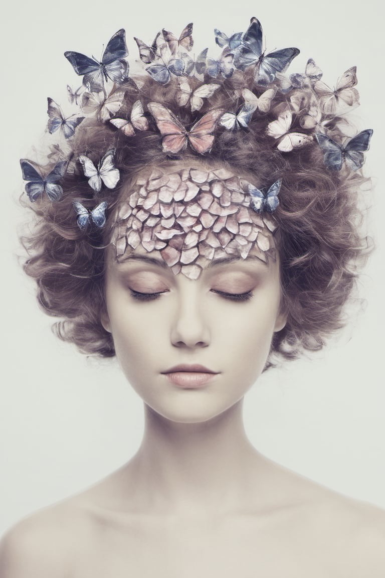 1girl, head dissolving, head dissolving into butterflies, simple background, 