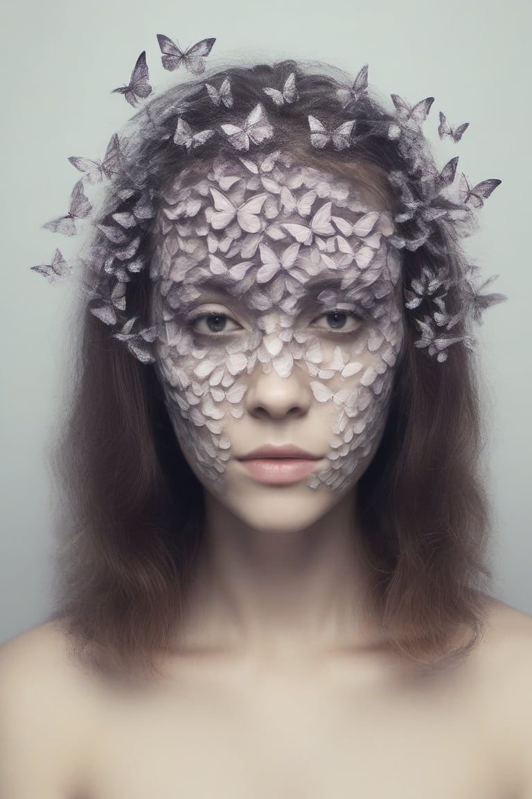 1girl, head dissolving, head dissolving into butterflies, simple background, 