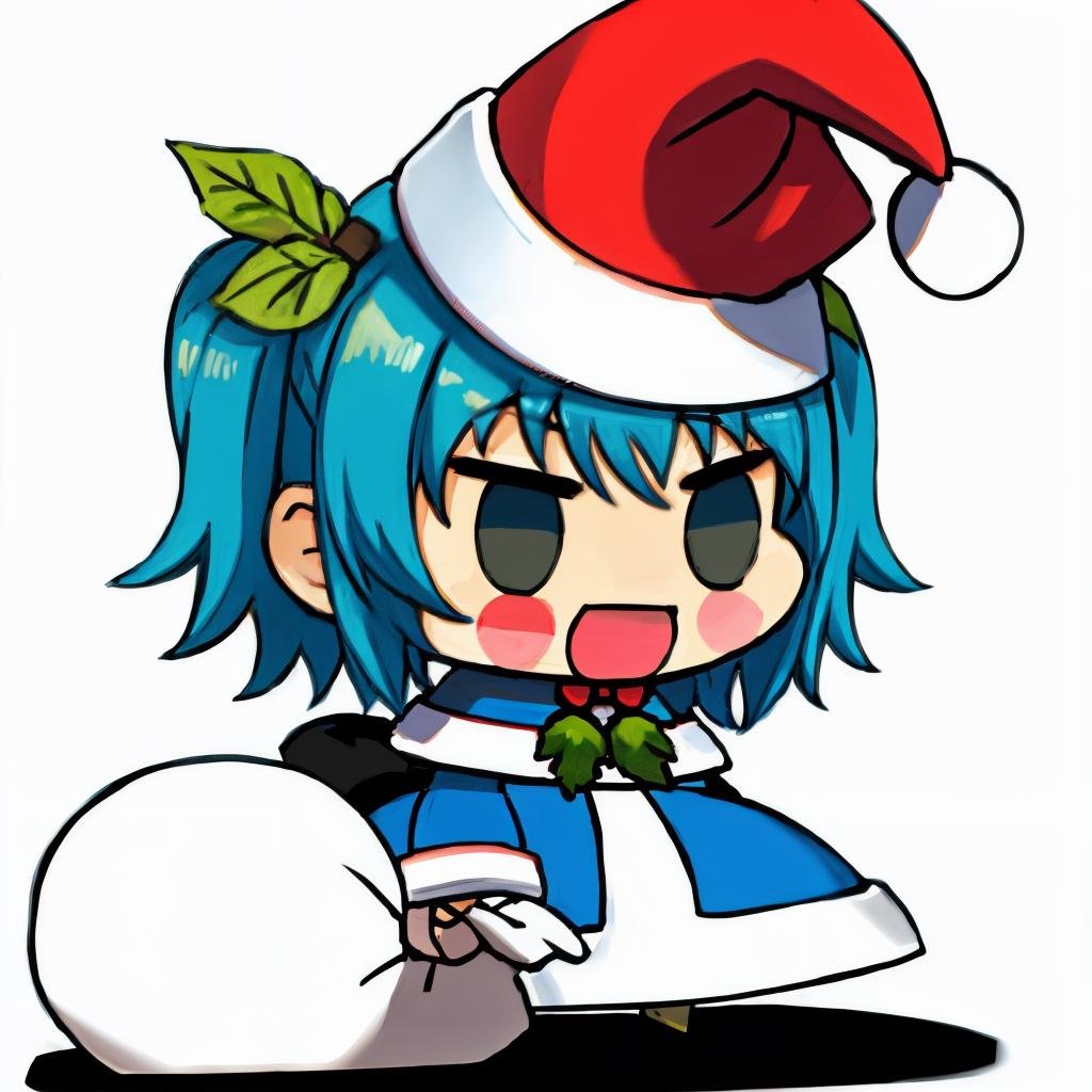 <lora:padoru_meme:1> padoru meme, 1girl, holding sack, solo,  chibi, santa hat, simple background, blush stickers, santa costume, standing,:d,white background