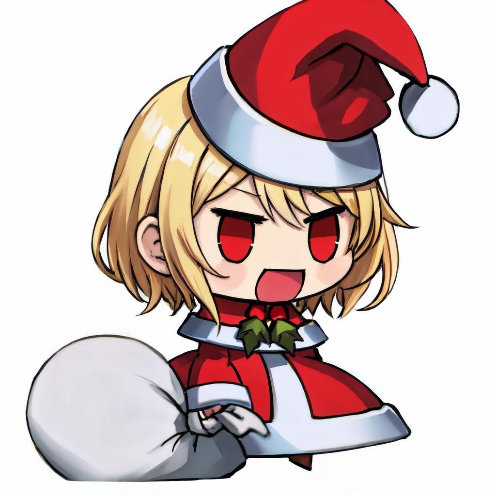 <lora:padoru_meme:1> padoru meme, 1girl,white background, short hair, blonde hair, red eyes,santa hat, :d,> <,holding sack