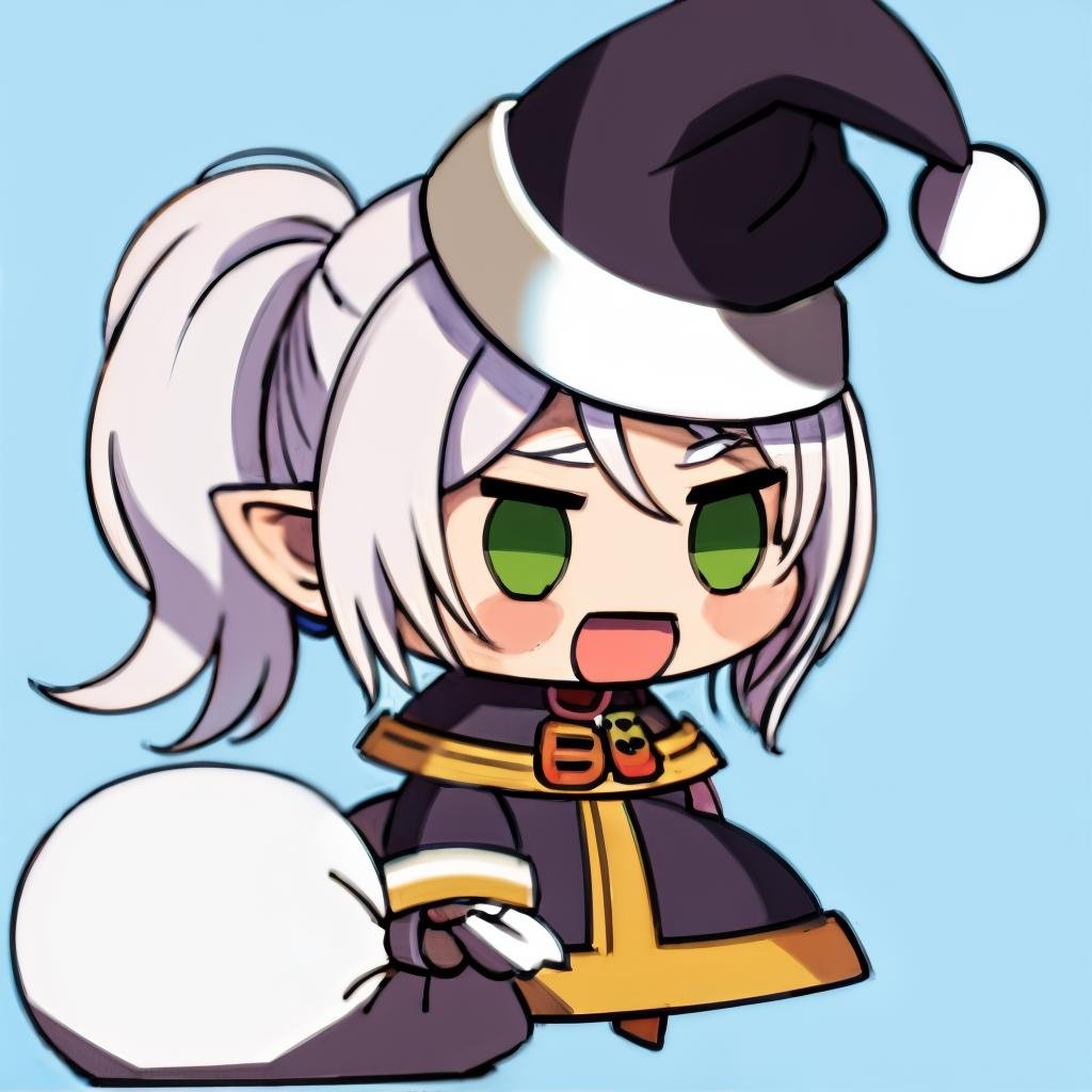 <lora:padoru_meme:1> padoru meme,holding sack,chibi, 1girl, solo,:d,santa hat,frieren, elf, twintails, white hair ,green eyes<lora:frieren by Goofy Ai:1>