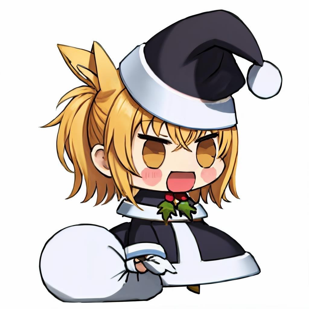 <lora:padoru_meme:1> padoru meme, 1girl, holding sack, solo,  chibi, santa hat, simple background, blush stickers, santa costume, standing,:d,white background