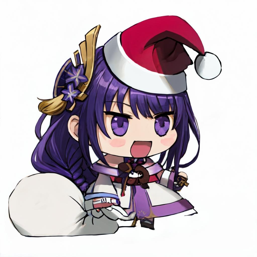 <lora:padoru_meme:1> padoru meme, 1girl,white background, long hair, purple hair,braided ponytail ,raiden shogun,santa hat, :d ,holding sack <lora:raiden_shogun:0.8> 