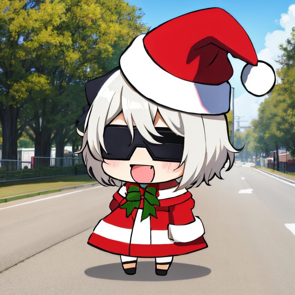 <lora:padoru_meme:0.7> padoru meme, 1girl, solo,:d,yorha no. 2 type b,santa hat, black blindfold,white hair, outdoors,short hair <lora:2b:1> 