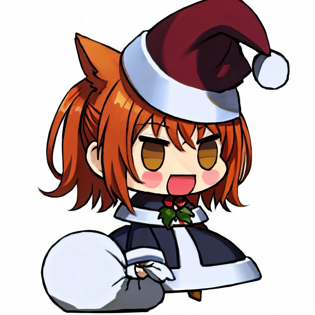 <lora:padoru_meme:1> padoru meme, 1girl, holding sack, solo,  chibi, santa hat, simple background, blush stickers, santa costume, standing,:d,white background