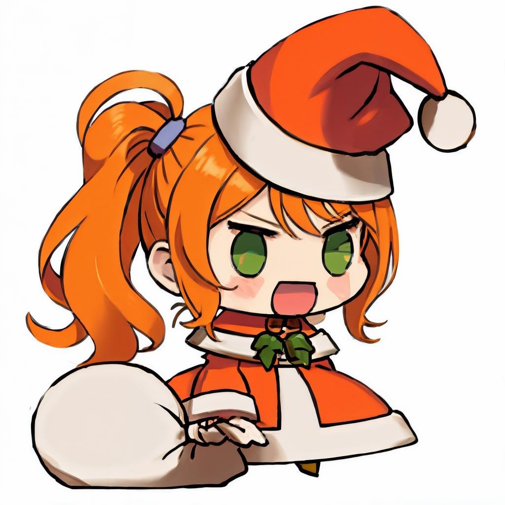 <lora:padoru_meme:1> padoru meme,holding sack,chibi, 1girl, solo,:d,santa hat,sonia, orange hair, green eyes, side ponytail <lora:sonia:0.8> 