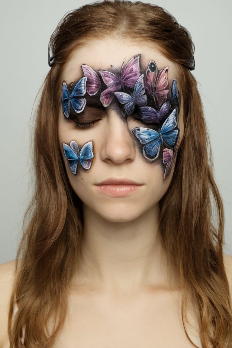 1girl, solo, bug, realistic, brown hair, long hair, closed eyes, lips, freckles, portrait, facing viewer, simple background, closed mouth, head dissolving, head dissolving into butterflies, 