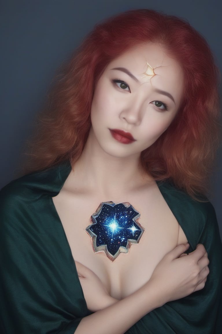 1girl, looking at viewer, red hair, red lipstick, green cape, topless, chest hole, simple background, huge breasts, blonde hair, hole is entrance to milky way