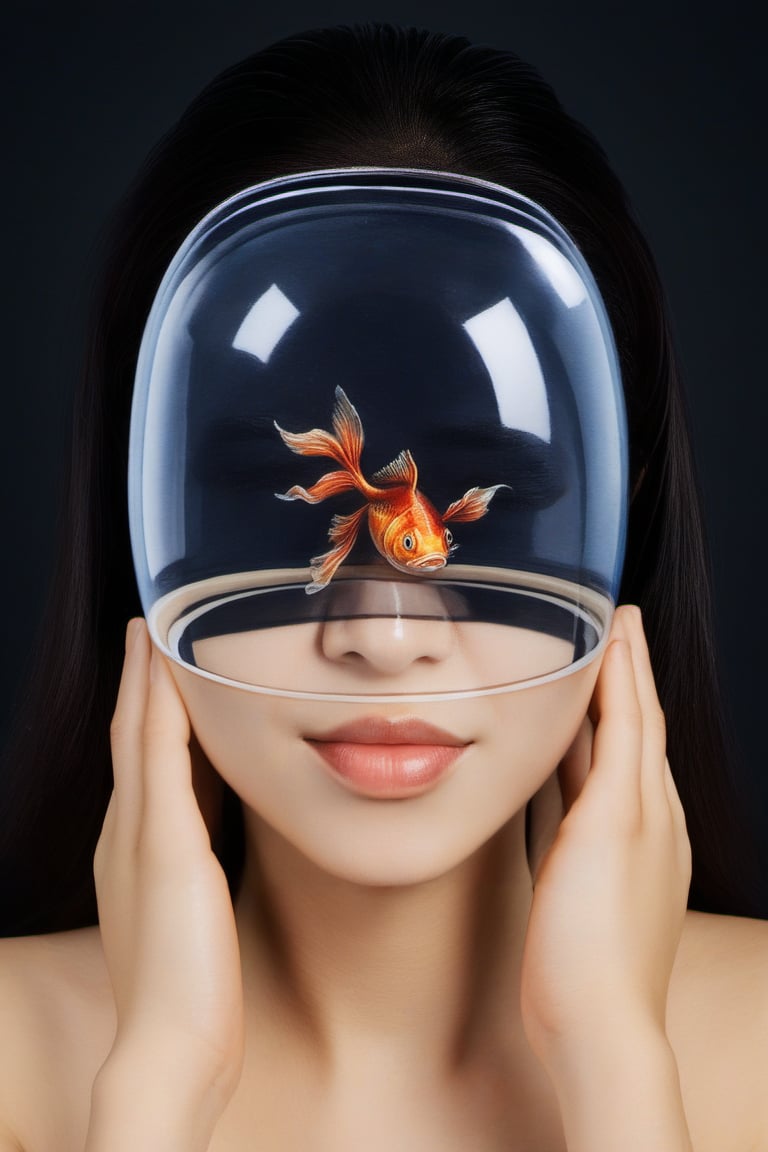 1girl, fish, solo, black background, long hair, realistic, black hair, reflection, portrait, lips, closed mouth, simple background, smile, bare shoulders, facing viewer, head dissolving, head dissolving into fishbowl, (goldfish:1.4), 