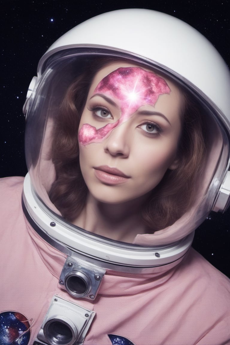 Female astronaut, 50s pink skin tight space suit, chest hole, star shaped chest hole spraying light of a supernova, chest hole filled with glowing meteor, floating in space, 0gs, milky way, upper body framing, open visor, supernova
