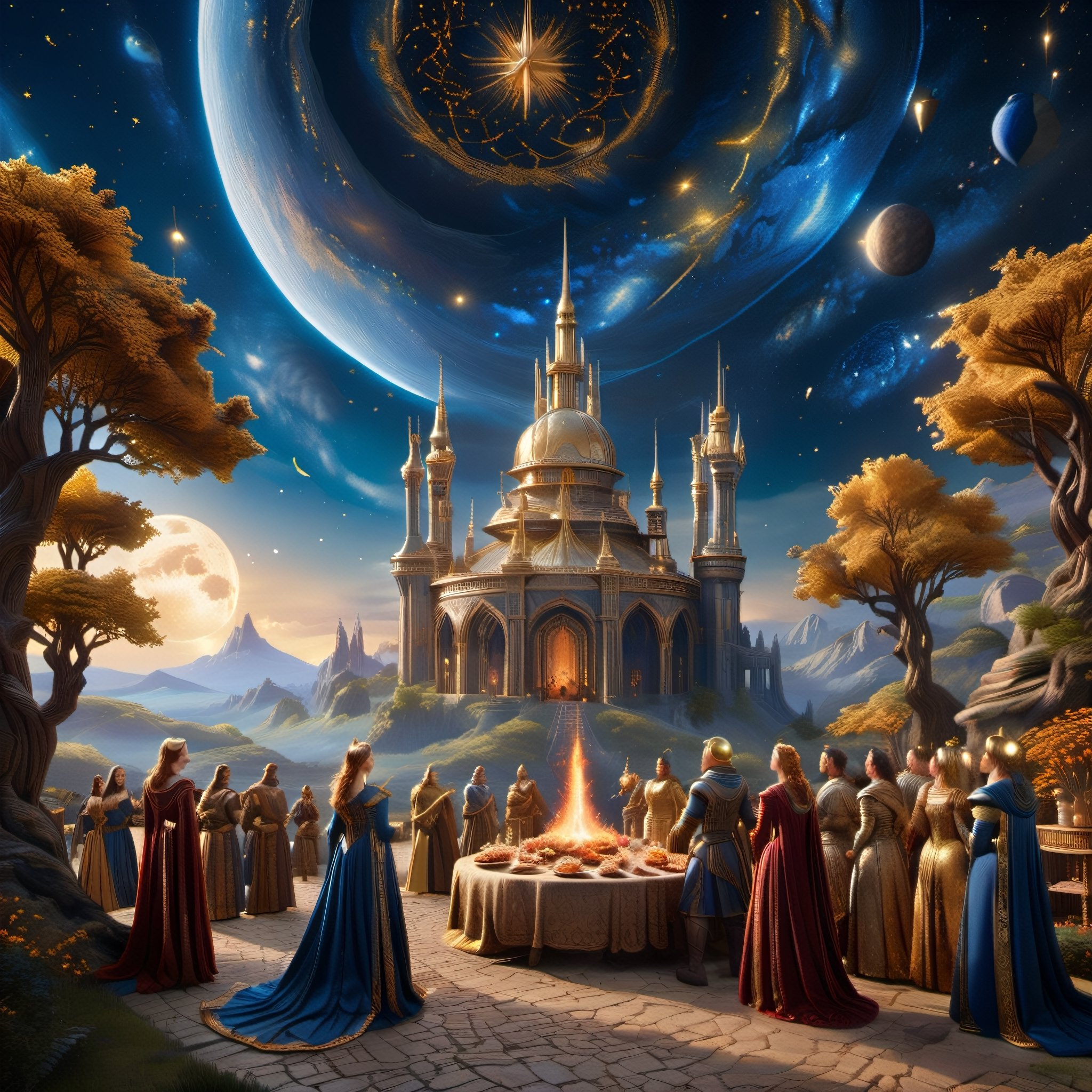 In the Sci-Fi Renaissance Fantasy realm of Eldoria, a tapestry unfolds, portraying a majestic courtly feast under a sky ablaze with magical constellations, woven in threads of celestial blue and golden hues.,Renaissance Sci-Fi Fantasy