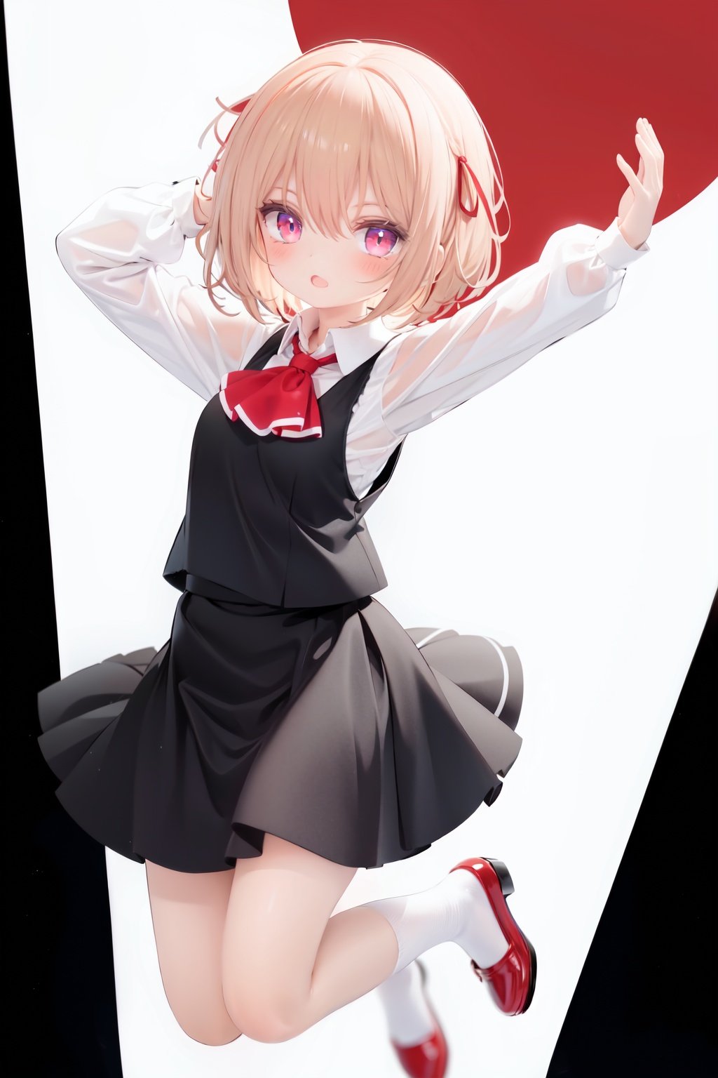  1girl, rumia, blonde hair, solo, white background, red eyes, red footwear, simple background, ascot, short hair, ribbon, open mouth, hair ribbon, smile, long sleeves, shirt, looking at viewer, red ascot, white socks, white shirt, red ribbon, shoes, socks, frills, bangs, outstretched arms, hair between eyes, skirt, :d, dress, vest, mary janes, black dress, black skirt, collared shirt, black vest, blush