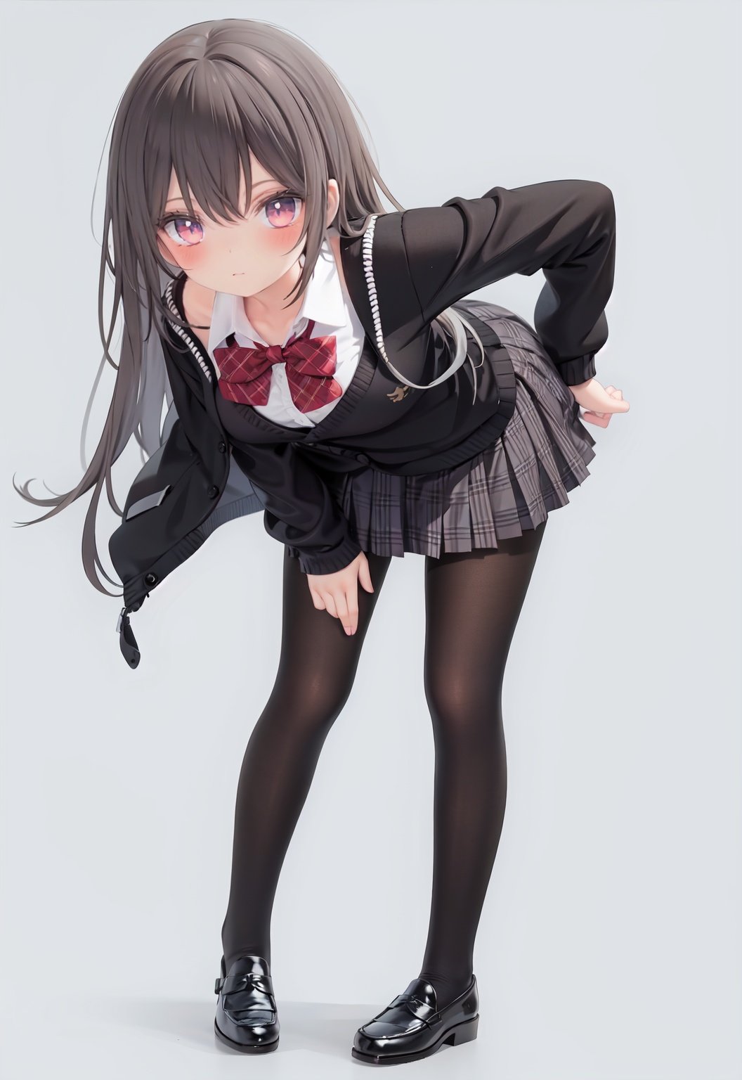  1girl, solo, pantyhose, skirt, long hair, loafers, shoes, simple background, school uniform, brown eyes, plaid, black pantyhose, plaid skirt, looking at viewer, black hair, pantyhose pull, full body, clothes pull, black footwear, pleated skirt, leaning forward, bangs, long sleeves, bent over, cardigan, bow, bowtie, standing, closed mouth, pulled by self, grey background, blush, miniskirt, red bow, sweater, undressing