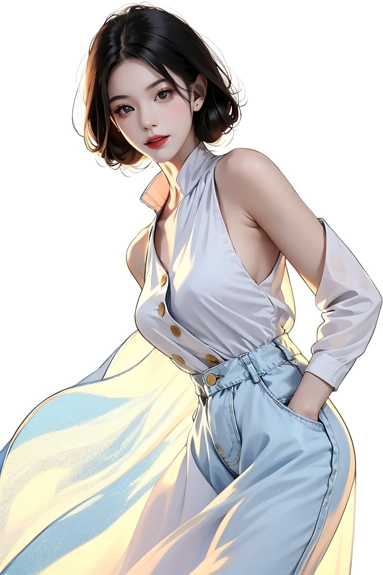 masterpiece,best quality,((pure white background：1.2)),standing,black hair bun,cold face,full body,(Fashionable clothing),happy,light effect,soft,super clear,high-definition picture,(front),sleeveless dress,White Transparent Sleeveless Dress,Short Denim Jacket, <lora:(风格)衣服透视轮廓:1.3>