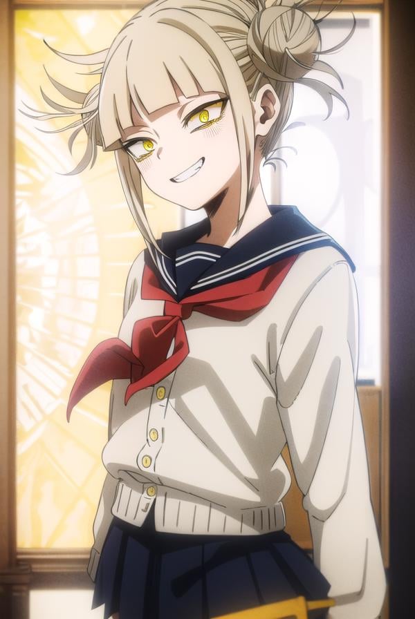 togahimiko, <lora:himiko toga s5-lora-nochekaiser:1>,himiko toga, (toga himiko:1.2), bangs, blonde hair, (yellow eyes:1.5), blunt bangs, hair bun, double bun, messy hair, smile, grin, teeth,BREAK skirt, long sleeves, school uniform, pleated skirt, shoes, serafuku, socks, sailor collar, blue skirt, neckerchief, kneehighs, brown footwear, cardigan, black socks, loafers, red neckerchief, yellow cardigan,BREAK indoors, classroom,BREAK looking at viewer, (cowboy shot:1.5),BREAK <lyco:GoodHands-beta2:1>, (masterpiece:1.2), best quality, high resolution, unity 8k wallpaper, (illustration:0.8), (beautiful detailed eyes:1.6), extremely detailed face, perfect lighting, extremely detailed CG, (perfect hands, perfect anatomy),