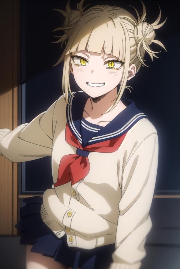 togahimiko, <lora:himiko toga s5-lora-nochekaiser:1>,himiko toga, (toga himiko:1.2), bangs, blonde hair, (yellow eyes:1.5), blunt bangs, hair bun, double bun, messy hair, smile, grin, teeth,BREAK skirt, long sleeves, school uniform, pleated skirt, shoes, serafuku, socks, sailor collar, blue skirt, neckerchief, kneehighs, brown footwear, cardigan, black socks, loafers, red neckerchief, yellow cardigan,BREAK indoors, classroom,BREAK looking at viewer, (cowboy shot:1.5),BREAK <lyco:GoodHands-beta2:1>, (masterpiece:1.2), best quality, high resolution, unity 8k wallpaper, (illustration:0.8), (beautiful detailed eyes:1.6), extremely detailed face, perfect lighting, extremely detailed CG, (perfect hands, perfect anatomy),