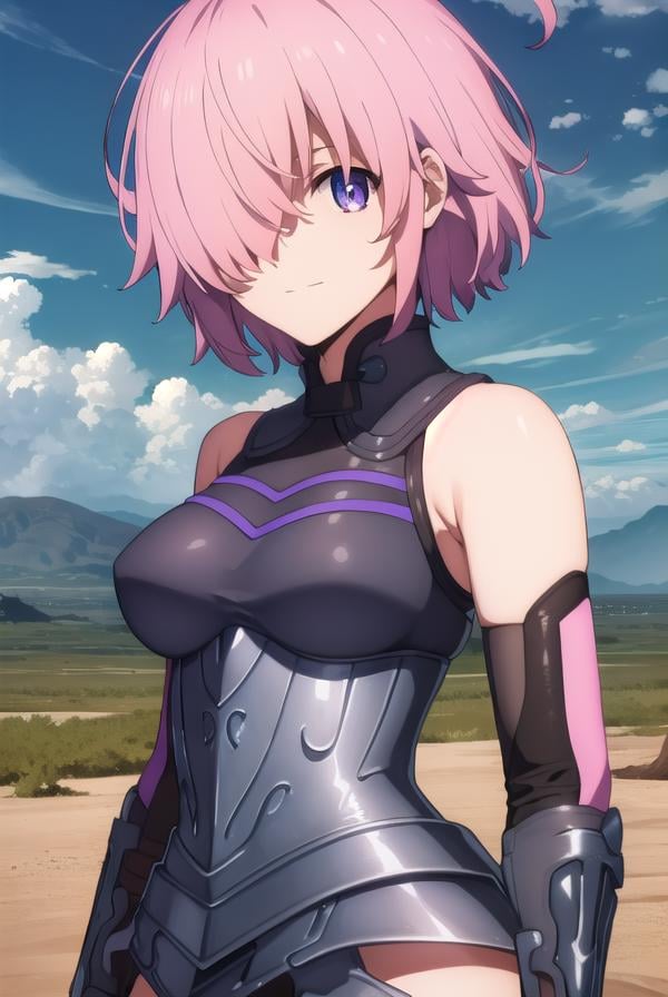 mashkyrielight, <lora:mash kyrielight babylonia-lora-nochekaiser:1>,mash kyrielight, short hair, (purple eyes:1.1), pink hair, (hair over one eye:1.5), smile,BREAK gloves, bare shoulders, elbow gloves, armor, black armor,BREAK outdoors, desert, sky, sun, clouds,BREAK looking at viewer, (cowboy shot:1.5),BREAK <lyco:GoodHands-beta2:1>, (masterpiece:1.2), best quality, high resolution, unity 8k wallpaper, (illustration:0.8), (beautiful detailed eyes:1.6), extremely detailed face, perfect lighting, extremely detailed CG, (perfect hands, perfect anatomy),