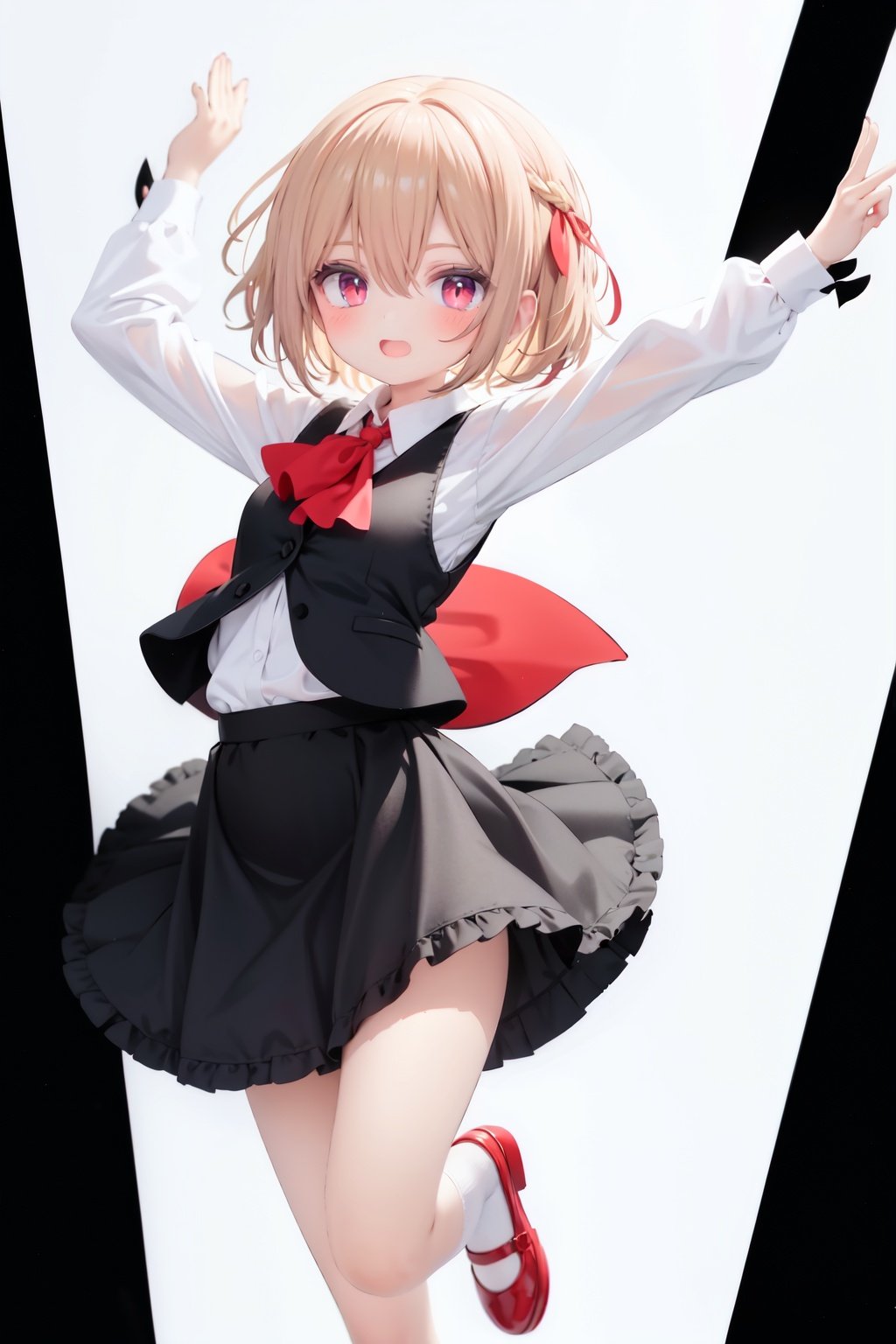  1girl, rumia, blonde hair, solo, white background, red eyes, red footwear, simple background, ascot, short hair, ribbon, open mouth, hair ribbon, smile, long sleeves, shirt, looking at viewer, red ascot, white socks, white shirt, red ribbon, shoes, socks, frills, bangs, outstretched arms, hair between eyes, skirt, :d, dress, vest, mary janes, black dress, black skirt, collared shirt, black vest, blush