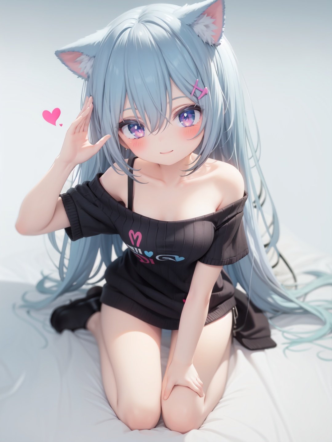  petite, loli, solo, animal ears, heart, puffy short sleeves, blue hair, long hair, off shoulder, bangs, hair ornament, gradient background,rainbow gradient, x hair ornament, animal ear fluff, looking at viewer, very long hair, blush, smile, cat ears, bare shoulders, collarbone, hand up, gradient sweater, hair between eyes, symbol-shaped pupils, arm up, heart-shaped pupils, hairclip, medium breasts, salute, bare legs,full body