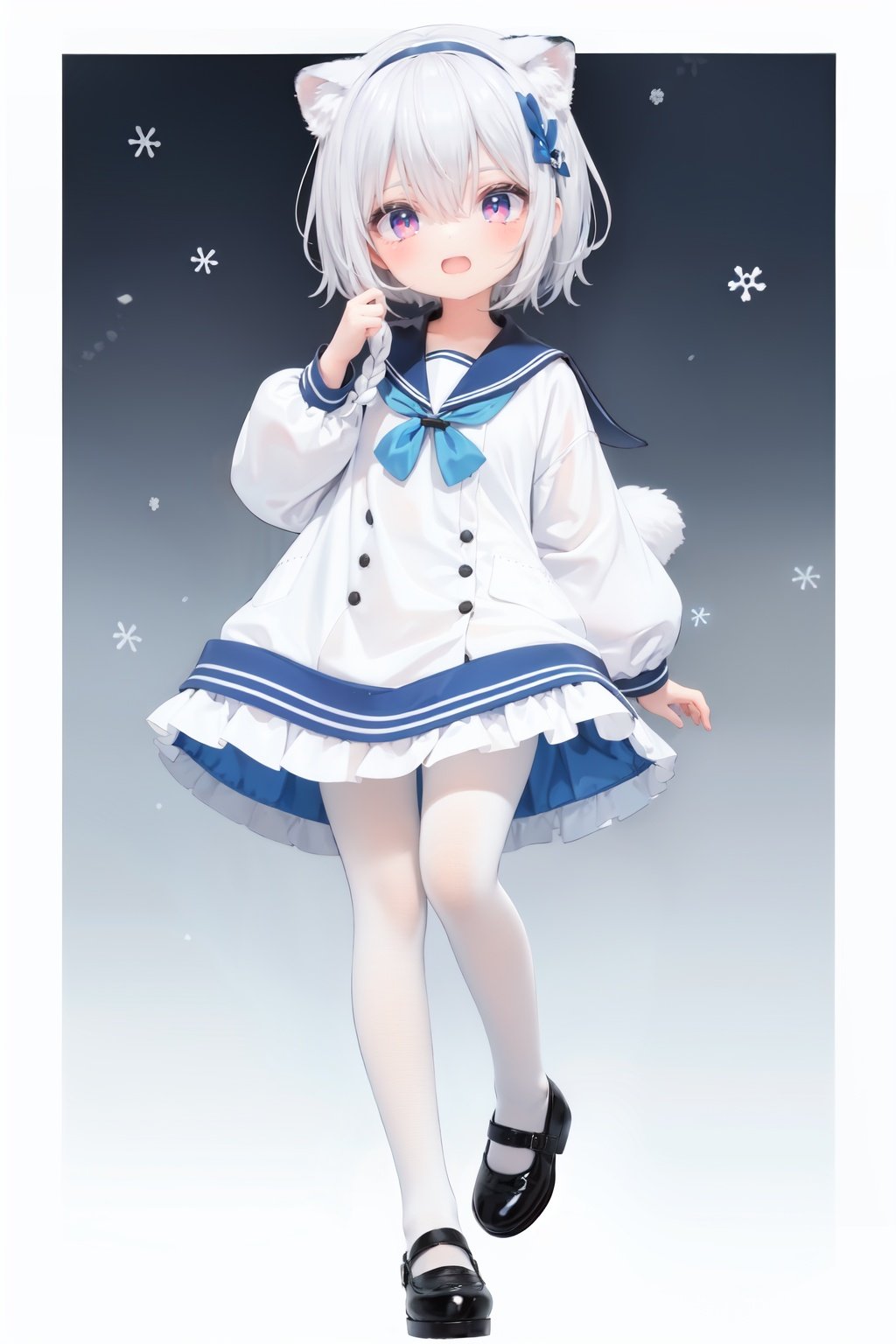  cute,Infant,solo blue shirt,blue sailor coat,loli,full body,white hair,snow leopard ear,white background,pink eyes,laugh,happy,white pantihose,white pantyhose,red armband,