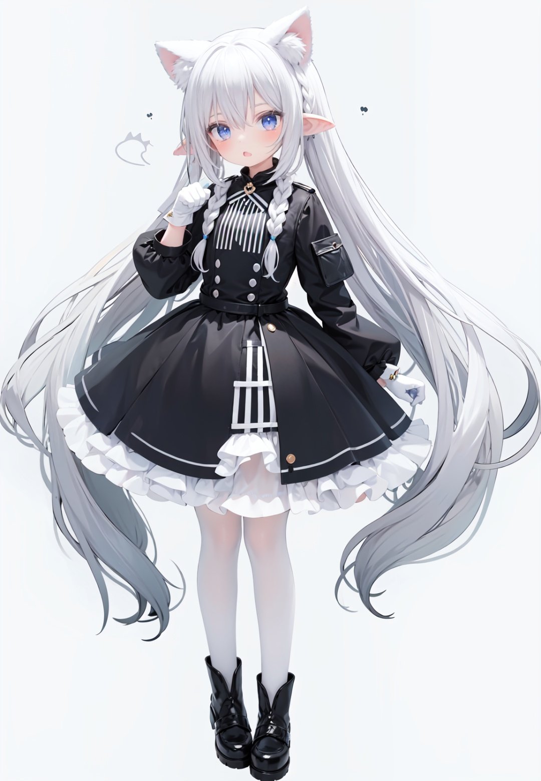  1girl, white_gloves, braid, full_body, gloves, long_hair, official_alternate_costume, pointy_ears, simple_background, solo, standing, very_long_hair, white_background, white hair, blue eyes, paw claw pose, open_mouth