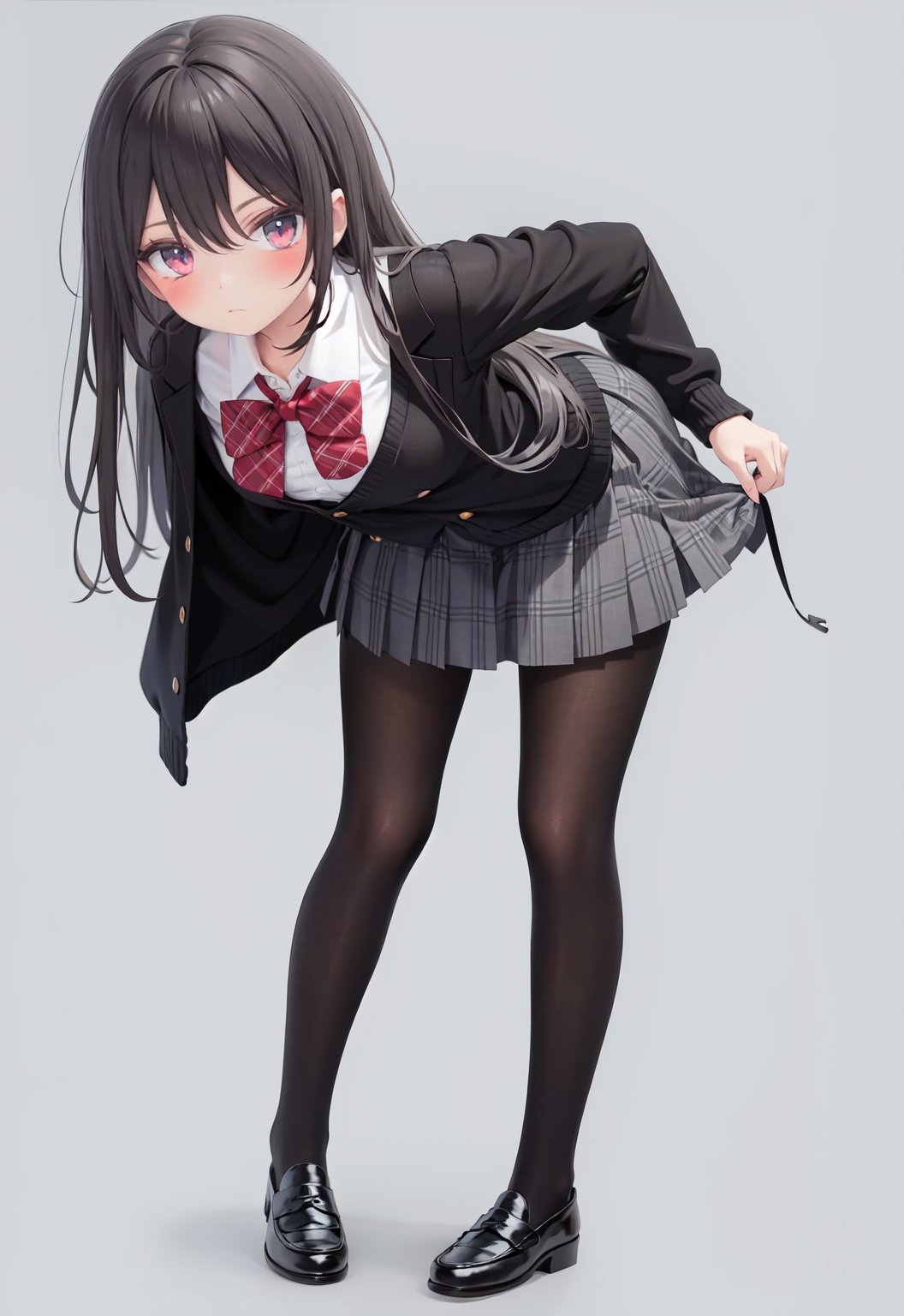  1girl, solo, pantyhose, skirt, long hair, loafers, shoes, simple background, school uniform, brown eyes, plaid, black pantyhose, plaid skirt, looking at viewer, black hair, pantyhose pull, full body, clothes pull, black footwear, pleated skirt, leaning forward, bangs, long sleeves, bent over, cardigan, bow, bowtie, standing, closed mouth, pulled by self, grey background, blush, miniskirt, red bow, sweater, undressing