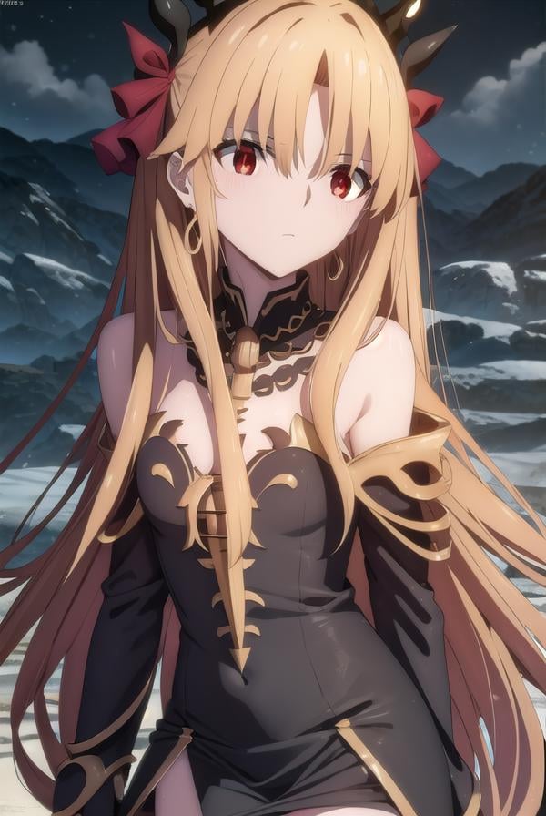 ereshkigal, <lora:ereshkigal babylonia-lora-nochekaiser:1>,ereshkigal, ereshkigal \(fate\), long hair, blonde hair, very long hair, two side up, tiara, (red eyes:1.3), ribbon, hair ribbon, red ribbon, (parted bangs:1.5),BREAK thighhighs, dress, jewelry, earrings, black dress, single thighhigh, asymmetrical legwear, uneven legwear, single sleeve, spine,BREAK outdoors, desert, sky, sun, clouds,BREAK looking at viewer, (cowboy shot:1.5),BREAK <lyco:GoodHands-beta2:1>, (masterpiece:1.2), best quality, high resolution, unity 8k wallpaper, (illustration:0.8), (beautiful detailed eyes:1.6), extremely detailed face, perfect lighting, extremely detailed CG, (perfect hands, perfect anatomy),