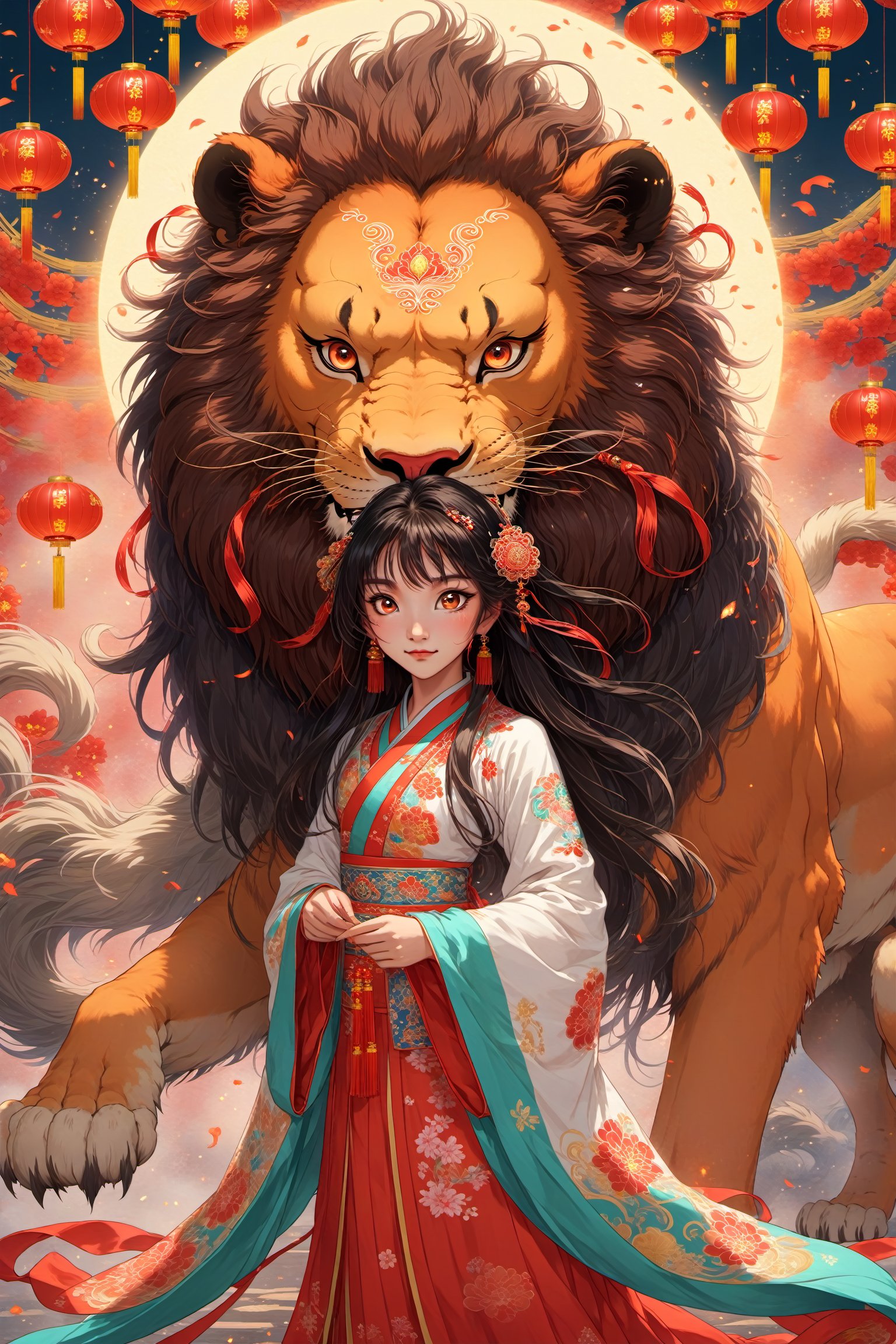 Bust photo, (masterpiece: 1.3), best quality, anime, Shinkai Makoto painting style, two-dimensional, 1girl, solo, long hair, bangs, Hanfu, firecrackers, lanterns, Chinese Spring Festival, black hair, wide sleeves elegant fairy dress, (lion dance), 8k, complex, highly detailed, majestic, festive, (fine and delicate beautiful eyes: 1.2), high definition, key vision, vibrant, 2d, highly detailed, 32k